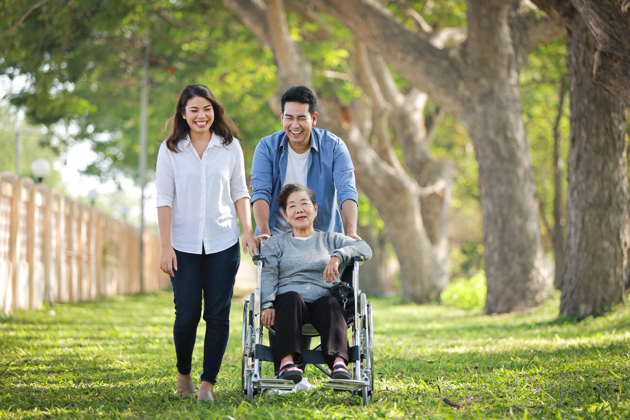 Asian senior woman sitting on the wheelchair with family happy smile face on the green park